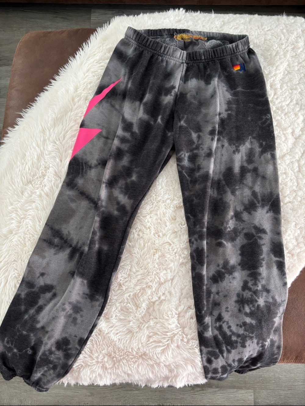 Aviator Nation Black Gray Tie-Dye Joggers with Hot Pink Lightning